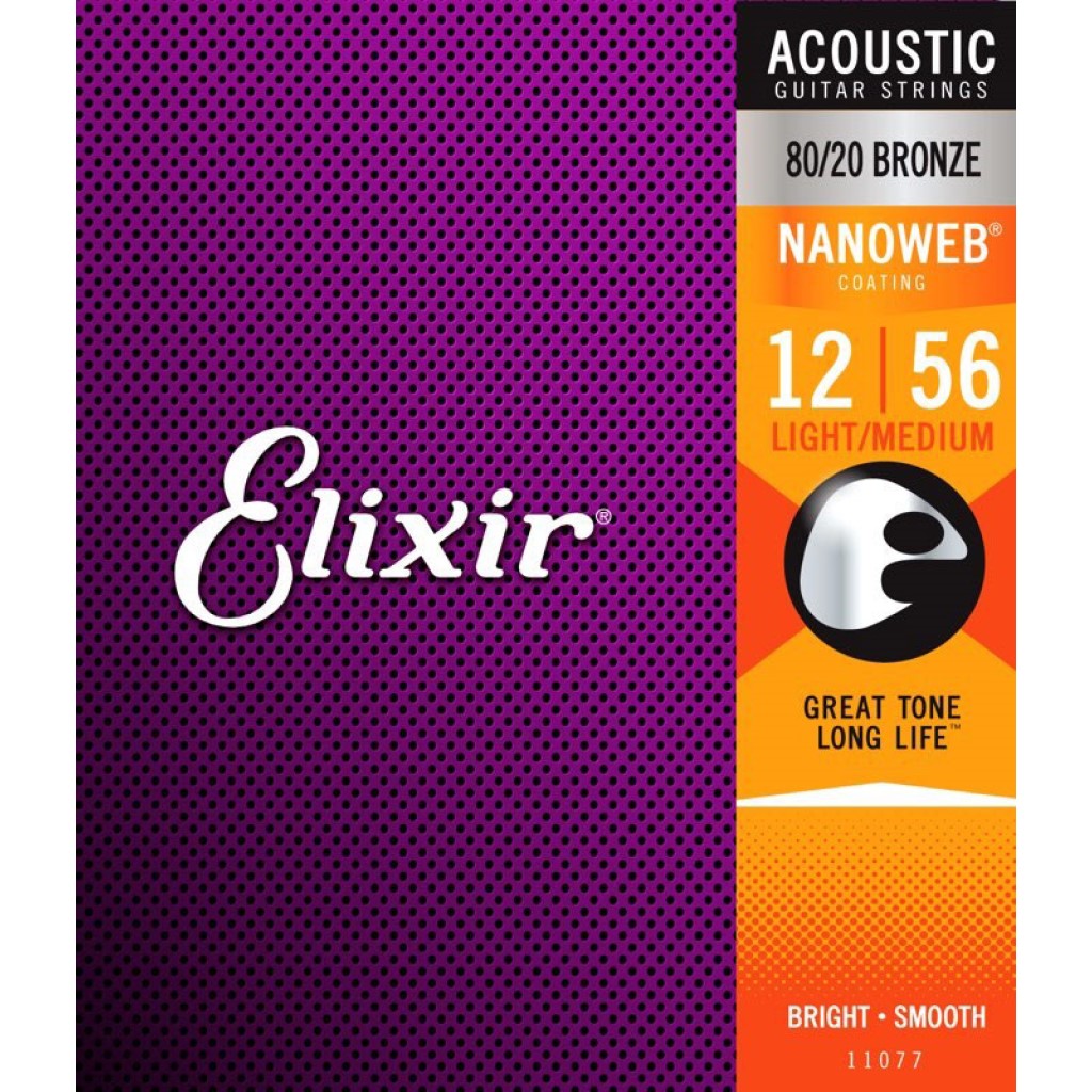 Elixir 11077 Nanoweb 80 20 Bronze Light Medium Acoustic Guitar Strings 12 56